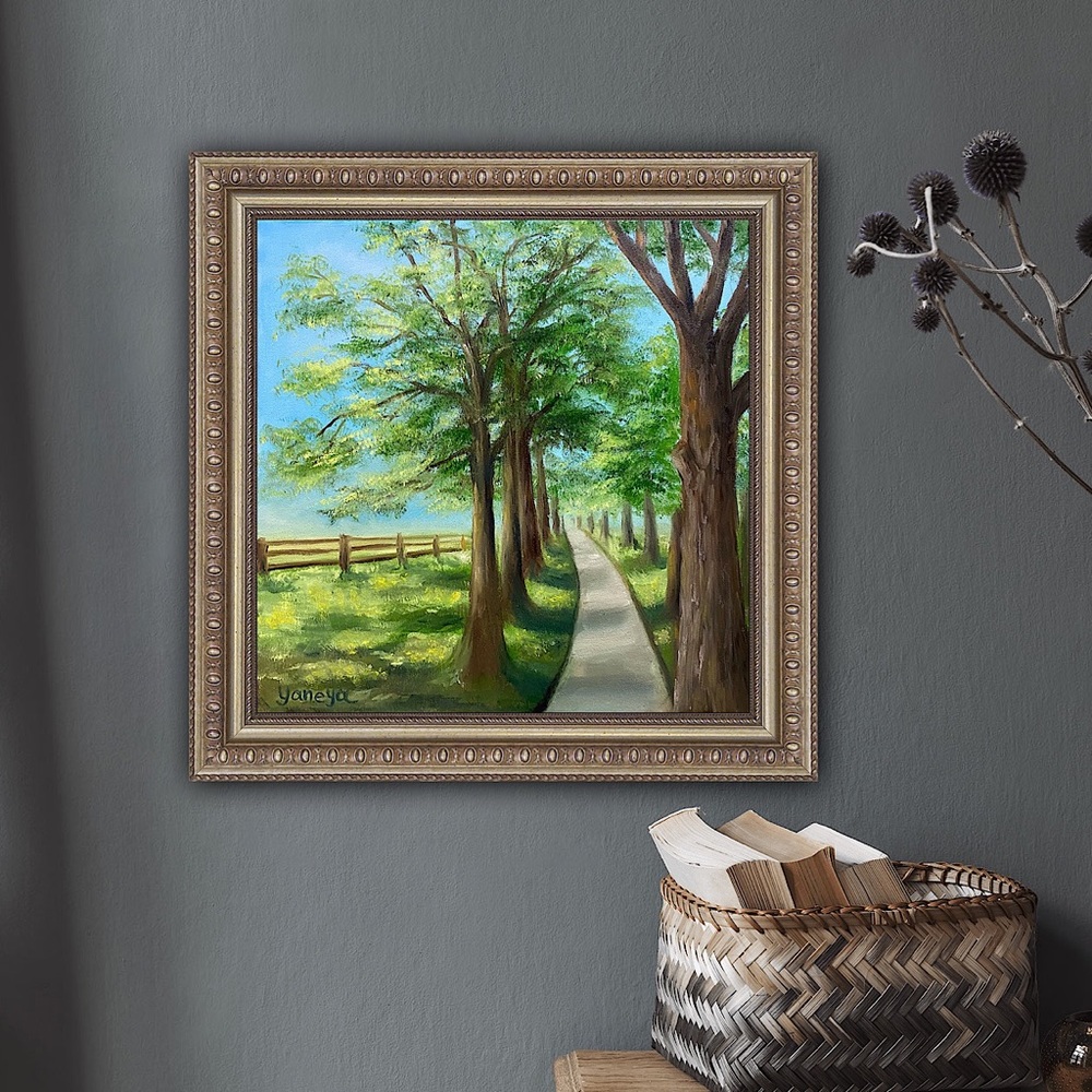 Summer landscape original Oil Painting on 14x14” stretched canvas. Unframed